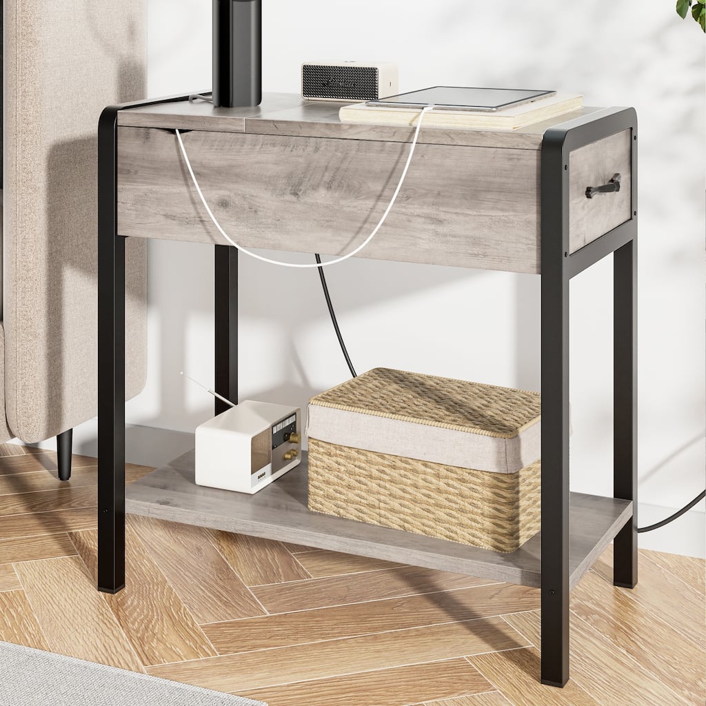 Narrow Side Table with Charging Station Drawer and Storage - 12.5"D x 23.6"W x 24.4"H