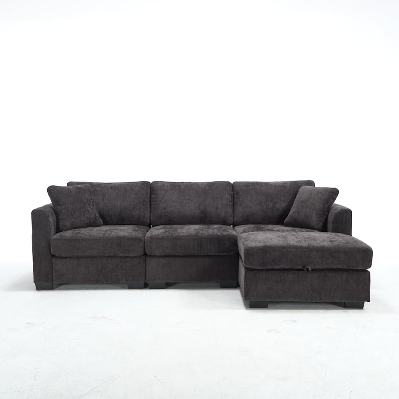 L-Shaped Modular Sectional Sofa with Storage Ottoman, 97" Chenille Corner Couch with USB Ports, Side Pockets