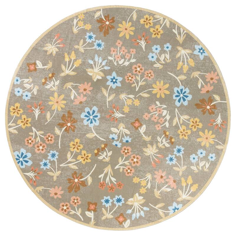 Martha Stewart Shirin Machine Washable & Slip Resistant Rug - 6' Round - Dark Beige/Light Blue