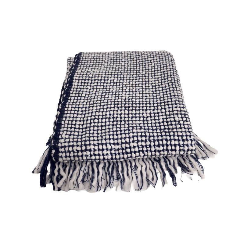 Home&Manor Handcrafted 100% Wool Throw Blanket - 48" x 60" IN - Navy/White