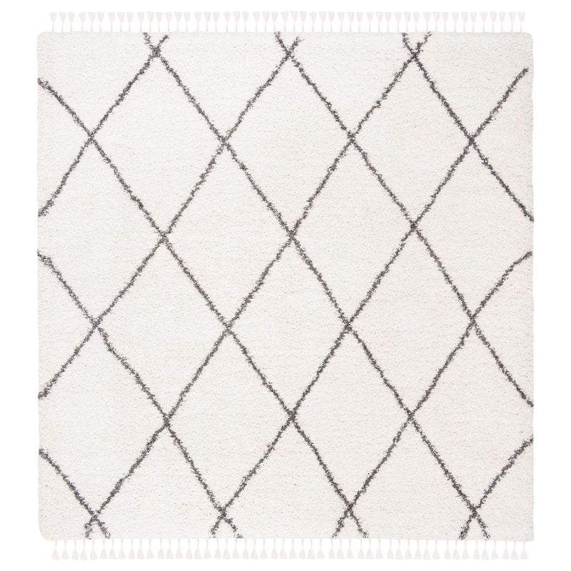 SAFAVIEH Moroccan Fringe Shag Leoma 2-inch Thick Rug - 6'7" Square - Ivory/Grey