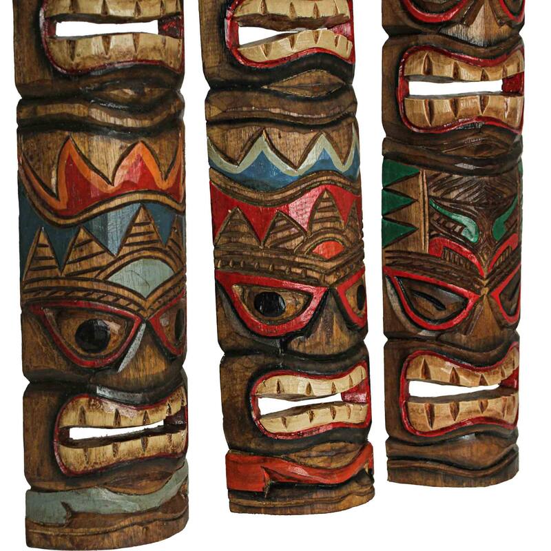 Zeckos 24 Inch Double Tiki Mask Carved Wood Wall Sculptures (Set Of 5)
