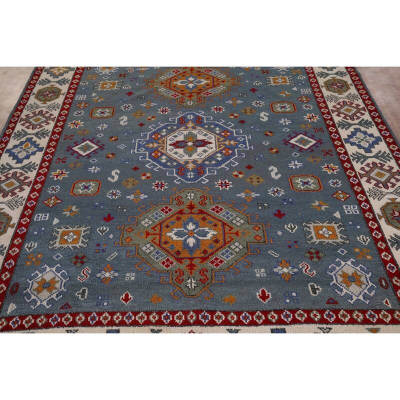 Geometric Blue Kazak Oriental Area Rug Hand-Knotted Wool Carpet - 7'11" x 9'9"