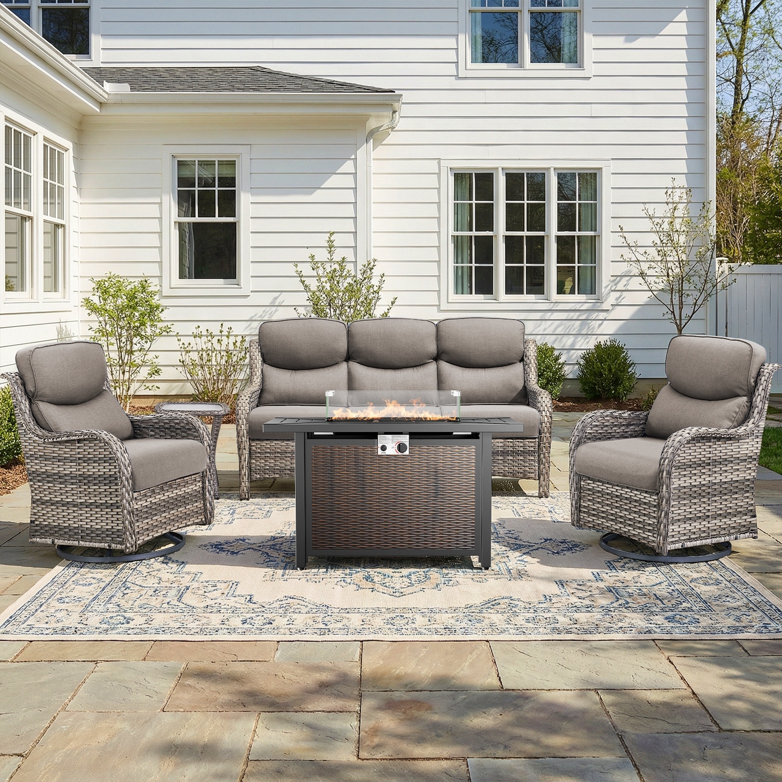 Pocassy Patio Sofa Swivel Chair Set with 43" Fire Pit Table
