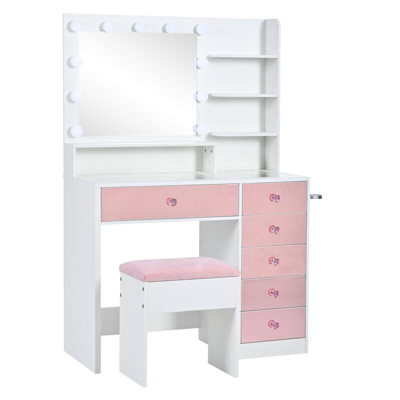 Makeup Vanity Desk with Mirror and Light, Vanity Table & Stool Set, Dressing Table with Pink Finish Drawers & Charging Station