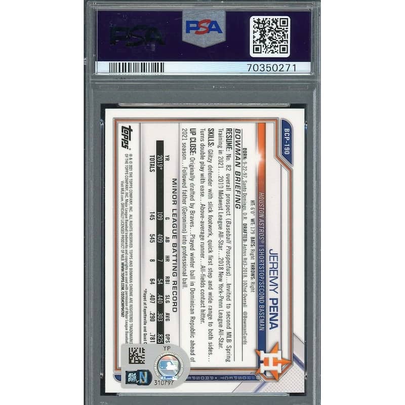 Jeremy Pena 2021 Bowman Chrome Signed Rookie Card #BCP190 Auto PSA 70350271 - 8'6" x 11'6"