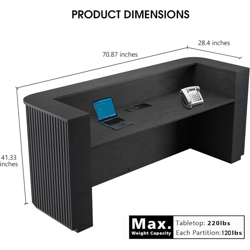 WESOME 70.87in Black Mid Century Curved Reception Desk with Outlet Cable Box LED Light