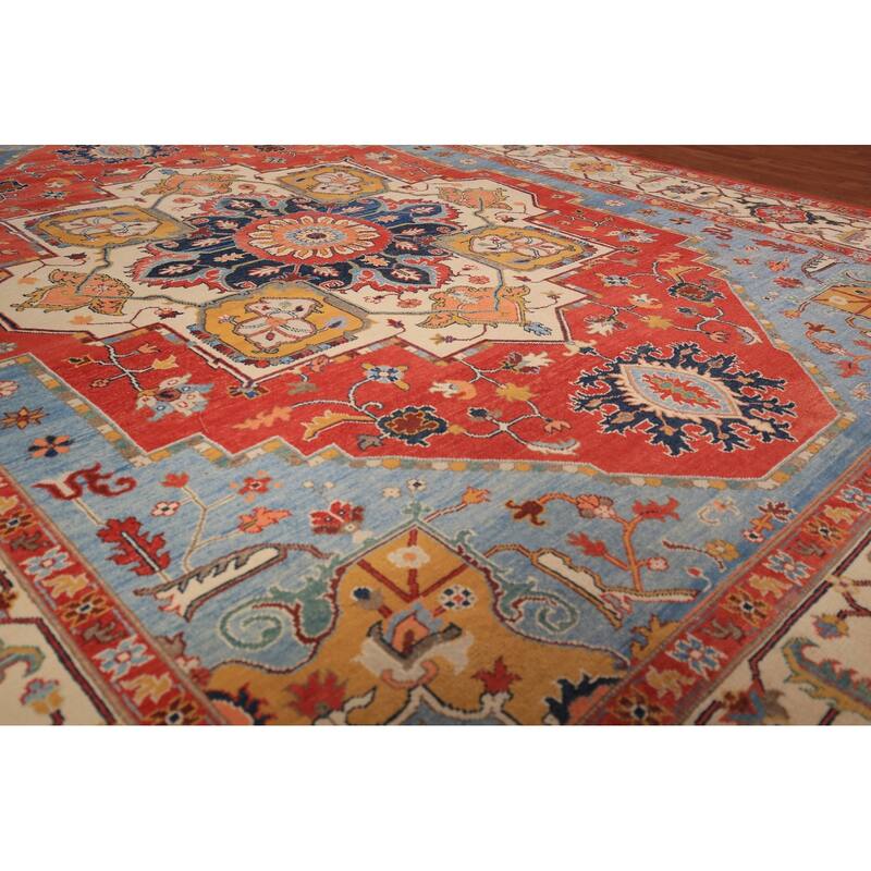 Vegetable Dye Heriz Serapi Area Rug Handmade Orange Wool Carpet - 9'2" x 11'10"