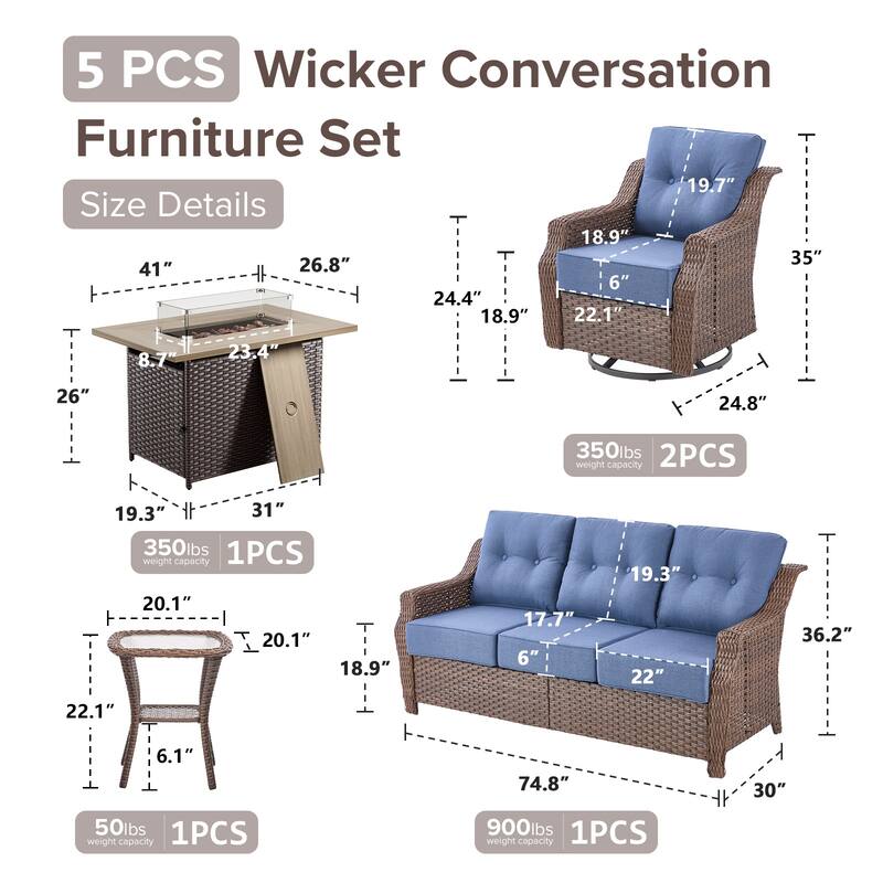 Gymojoy Wicker Patio Furniture Sofa Set with Fire Pit Table, 6-Inch Ultra Thick Cushioned 360° Swivel Glider Chairs