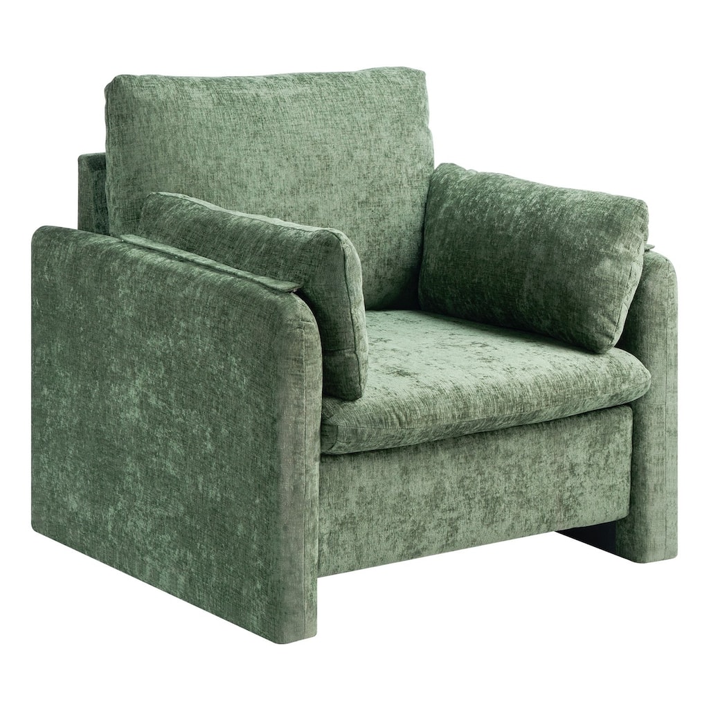 Dark Green Fabric Accent Chair with Wooden Frame, Foam Cushion and Rubberwood Legs - 36.61 x 32.68 x 33.46 in