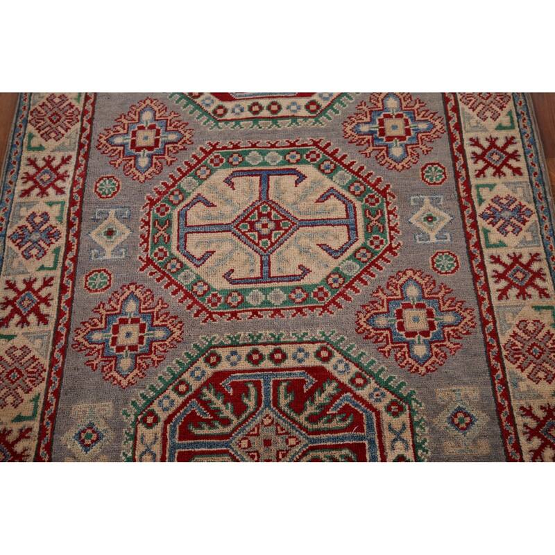 Gray Geometric Kazak Foyer Rug Hand-Knotted Wool Carpet - 3'5" x 4'11"