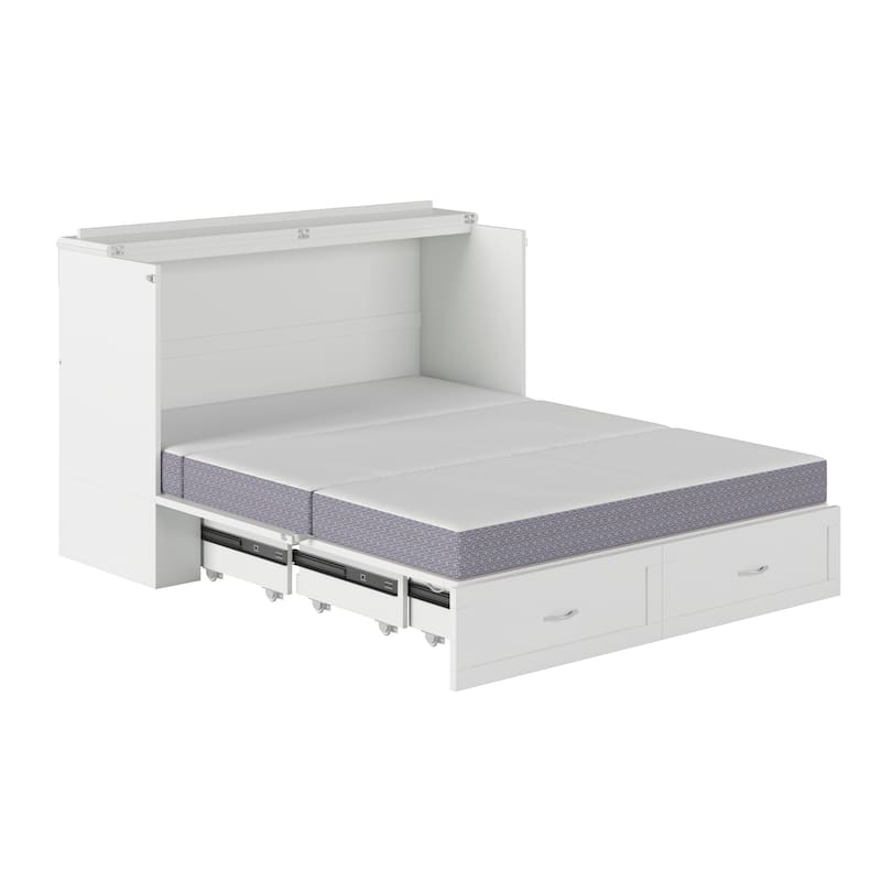 Hamilton Queen Murphy Bed Chest with 6" Mattress, Storage Drawer & Built-In Charger in White