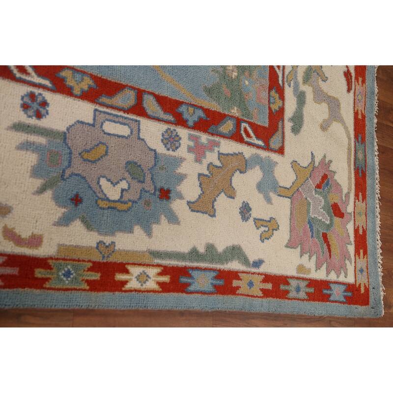 Light Blue Oushak Area Rug Hand-Knotted Floral Wool Carpet - 8'11"x 11'8"