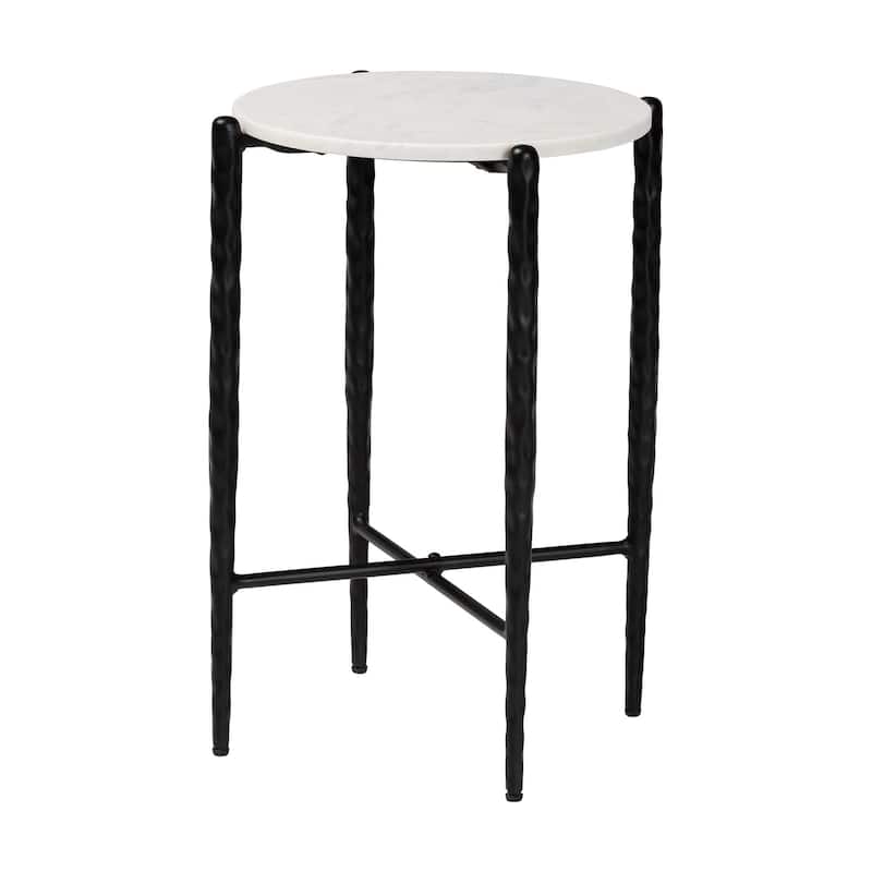 Caledon Marble Side Table - Modern Rustic Accent Table with Hand-Forged Metal Frame for Living Room or Seating Areas, Round - Marble White, Black
