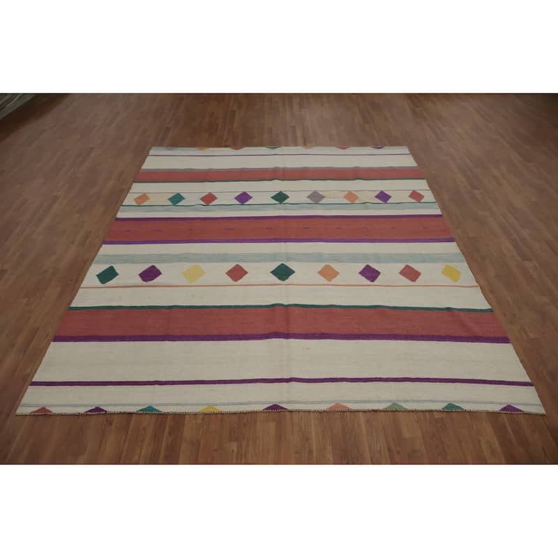 Hand Woven Oriental 100% Wool Carpet Southwestern Tribal Beige & Ivories Kilim Area Rug - 9' 11'' X 8' 3''