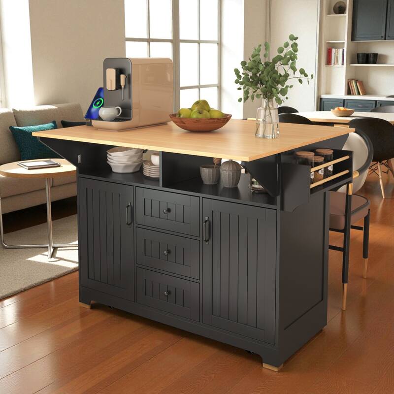 55.7" Large Kitchen Island with Dual Drop Leaf, Power Outlet, Rolling Kitchen Cart with Drawers & Storage Cabinet - Black