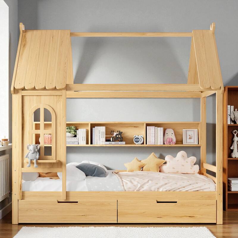 Twin/Full Size Wooden House Bed with Drawers and Shelves, Kids Platform Bed Frame with Window Roof Design - Natural - Full