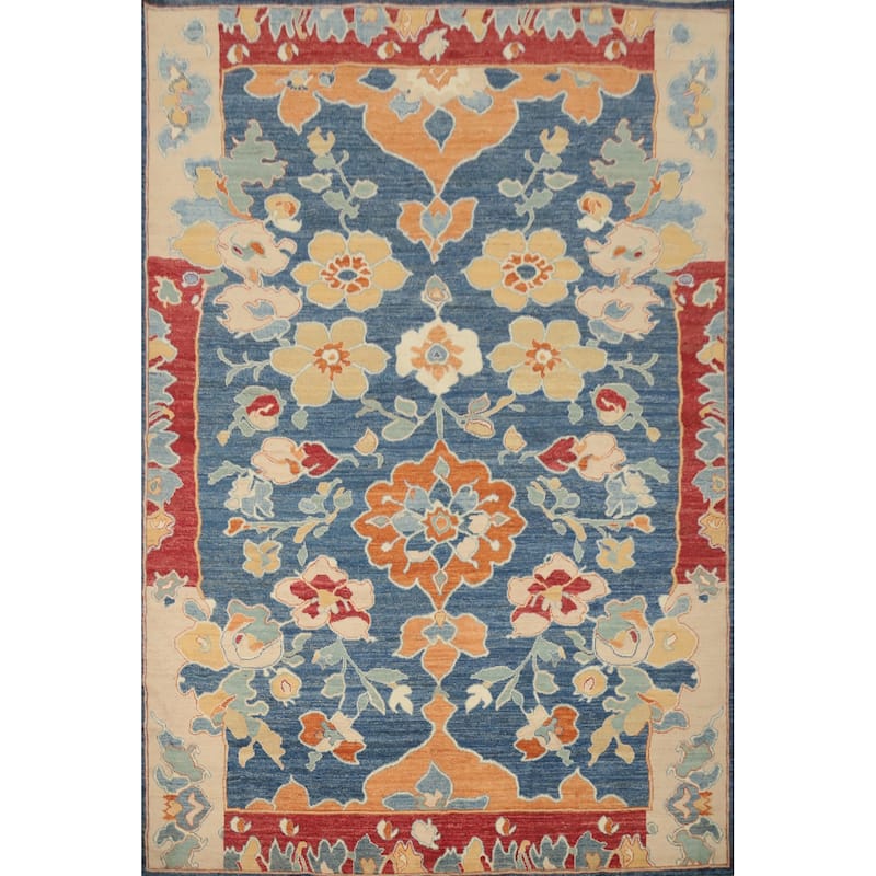 Hand Knotted Oriental 100% Wool Carpet Transitional Floral Navy Blue & Blues Oushak Area Rug - 11' 10'' X 9' 2''