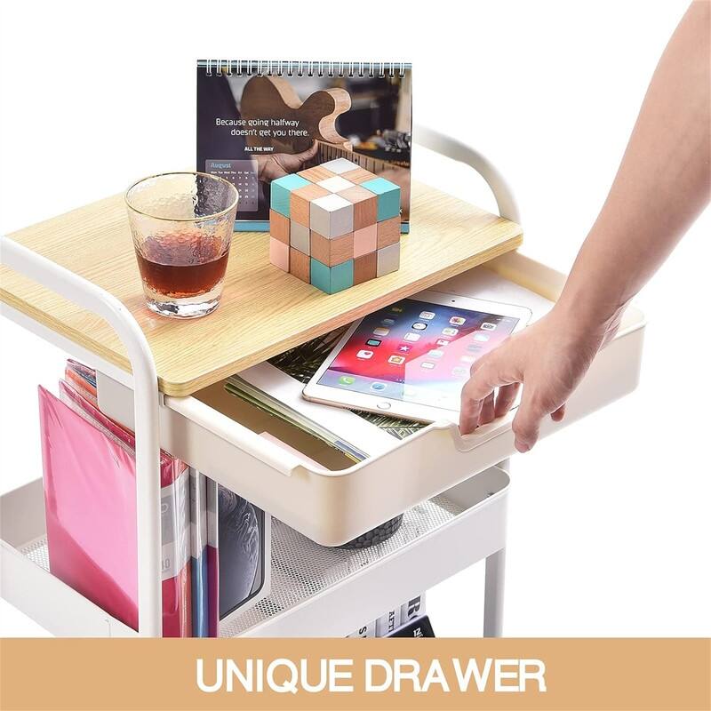3 Tier Utility Rolling Cart with Wooden Board and Drawer - 11.8"D x 18.5"W x 30.3"H