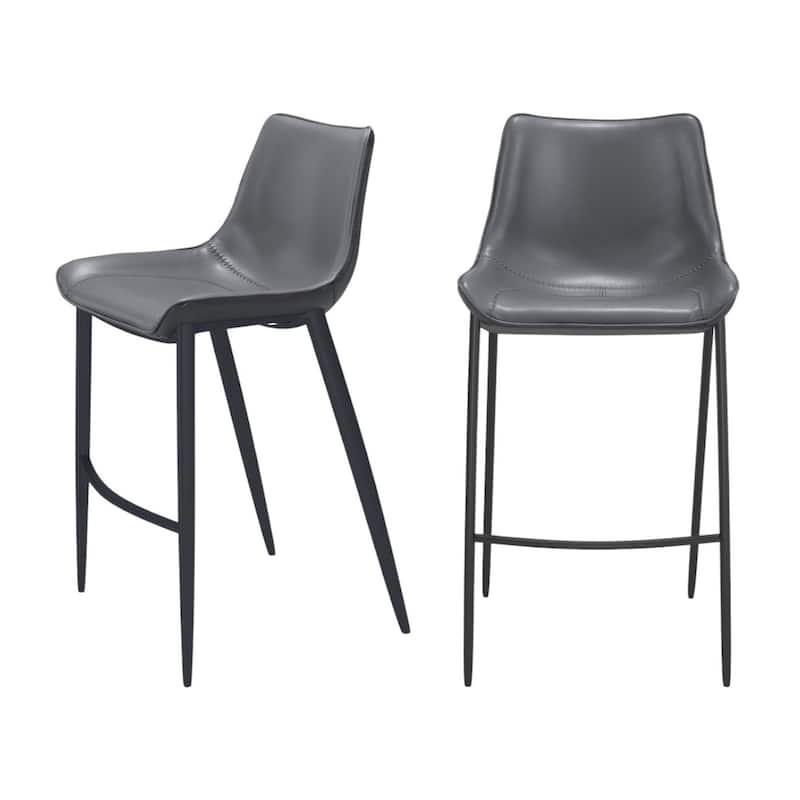 Set of Two 30" Dark Gray And Black Faux Leather And Steel Bar Height Bar Chairs