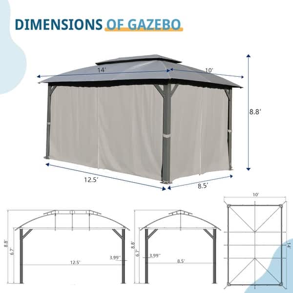 dimension image slide 1 of 2, Gazebo 10x14FT, Outdoor Gazebo with Double Roofs, Privacy Curtains, Mosquito Nettings, Heavy Duty Metal Frame Party Tent