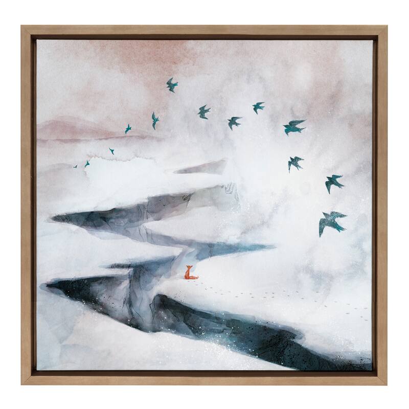Kate and Laurel Sylvie Snow Day Fox and Birds Framed Canvas by Faryn Hughes