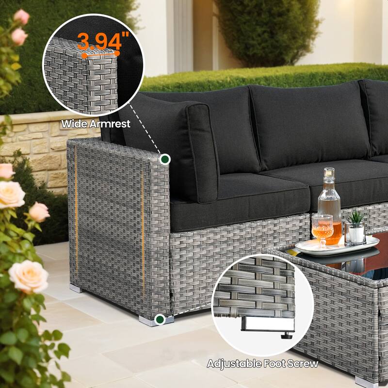 HOOOWOOO 8-piece Grey Wicker Patio Furniture Set Sectional Sofa with Fire Pit Table