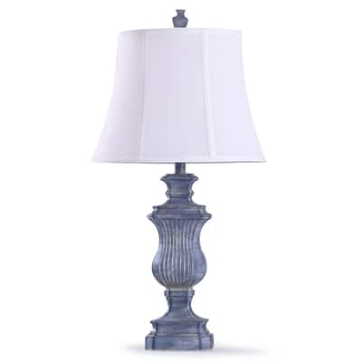 StyleCraft Tao's Denim Blue Textured Urn Table Lamp with Off-White Bell Shade