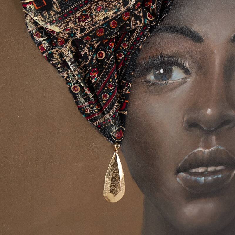 Canvas Woman Wall Art with 3D Fabric Headwear And Gold Jewels - Brown - Roche River Decor