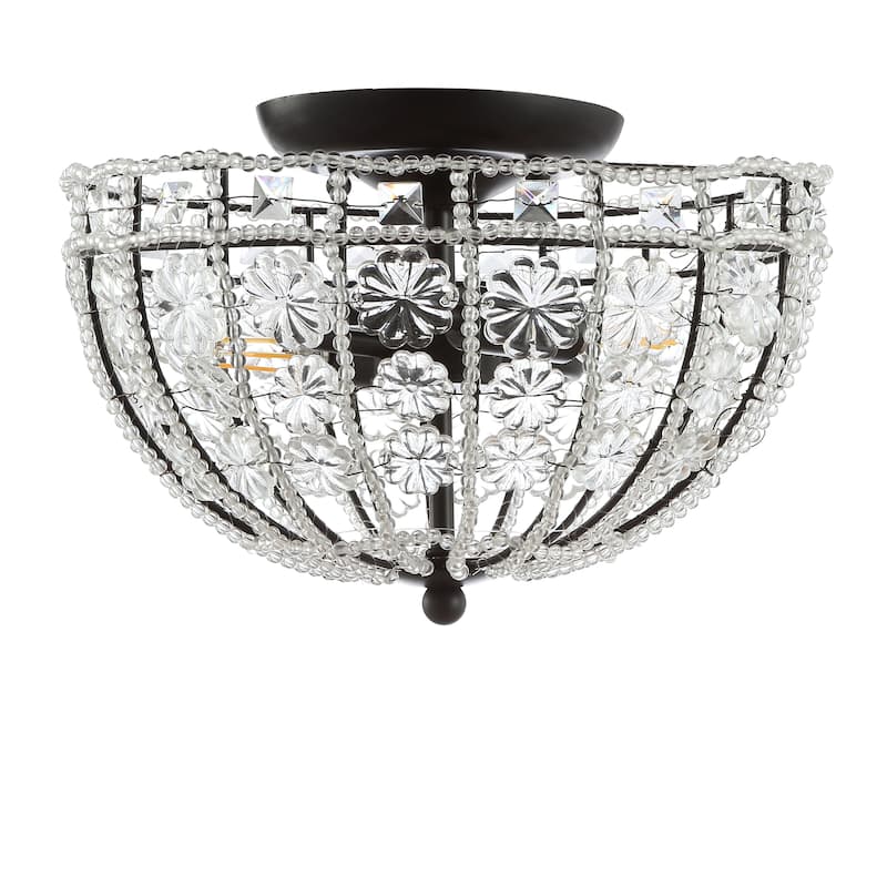 Leila 12" Crystal Flower Metal/Acrylic LED Semi-Flush Mount, Black/Clear by JONATHAN Y