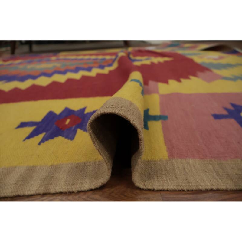 Hand Woven Oriental 100% Wool Carpet Southwestern Tribal Multi-Colored Kilim Area Rug - 9' 9'' X 7' 10''