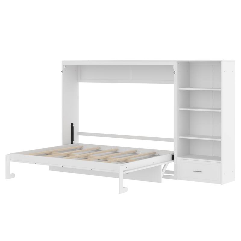 Murphy Bed Foldable Platform Bed Frame Queen Size Wall Bed with Drawer and Storage Cabinet Adjustable Height Compartments Shelf