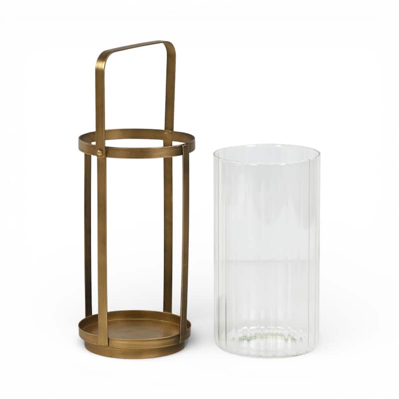 Vortial Fluted Glass Candle Lantern with Gold Metal Frame