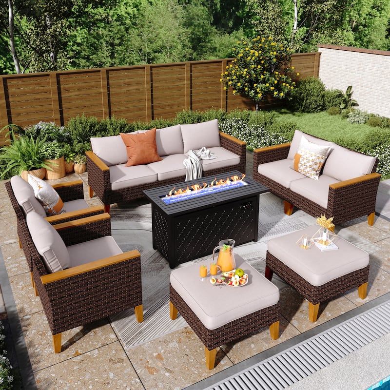 8-Piece Patio Outdoor Wicker Sectional Sofa Set, Large Seating Furniture Conversation Sets with Fire Pit Table - 9-Seat - Type F