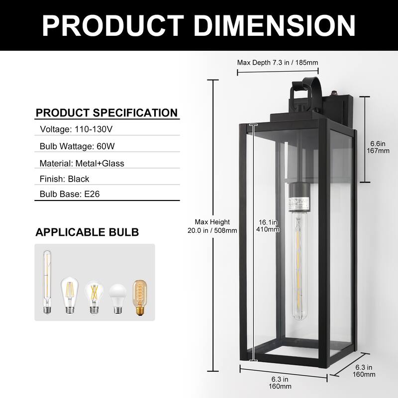 Contemporary Black Wall Lamp with Clear Glass Shade, E26 One-Bulb Design featuring Built-in Light Sensor Technology - 3.6*6.3*20