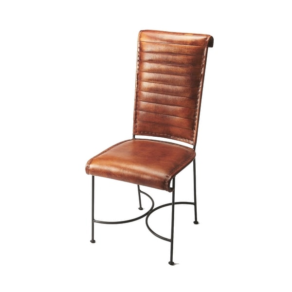 Transitional Distressed Iron and Leather Side Chair - Medium Brown