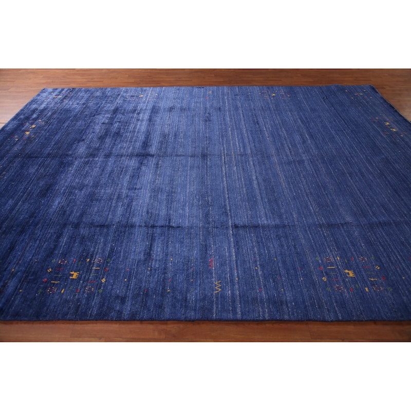 Blue Striped Gabbeh Oriental Area Rug Handmade Silk Carpet - 8'10" x 11'5"