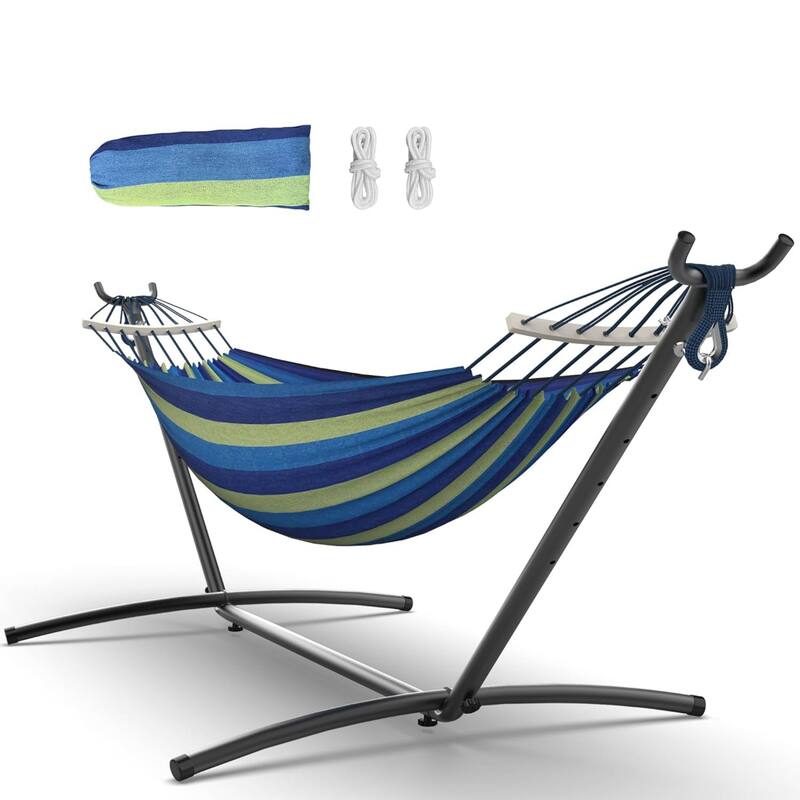 Portable Double Hammocks with Carrying Bag for Outside, 450 lbs Capacity - Blue+Green Stripes