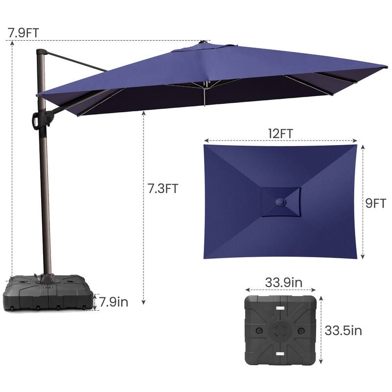 9 x 12 ft Outdoor Patio Cantilever Offset Umbrella with Heavy Duty Sand Water Fillable Base