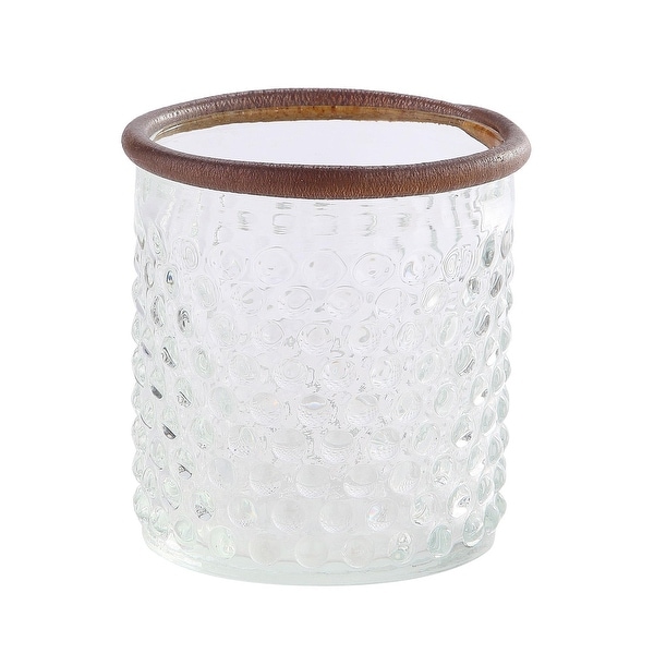 5" Clear and Brown Textured Dot Pattern Cylindrical Glass Vase with Rim Leather - N/A