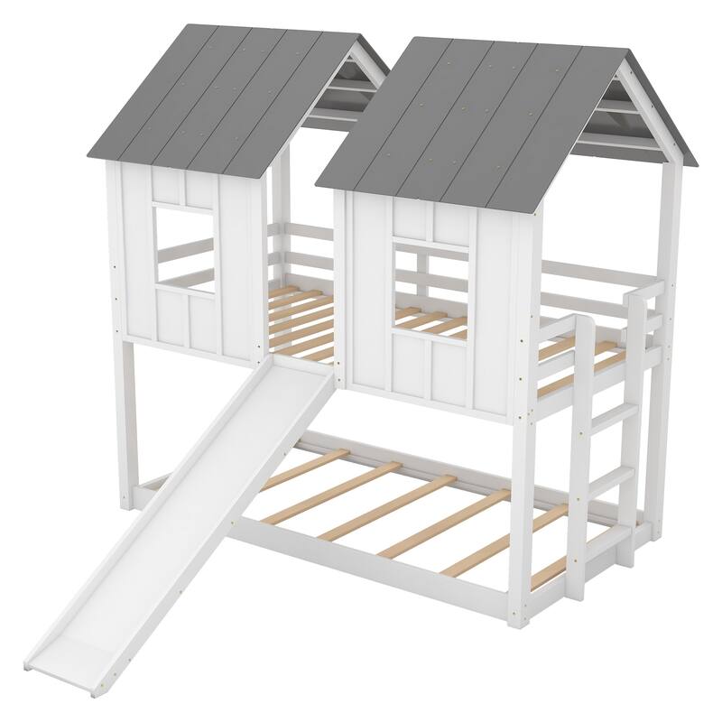 Twin Bunk Bed for Kids with Slide, Guardrails, Roof Frame and Wooden House Styling