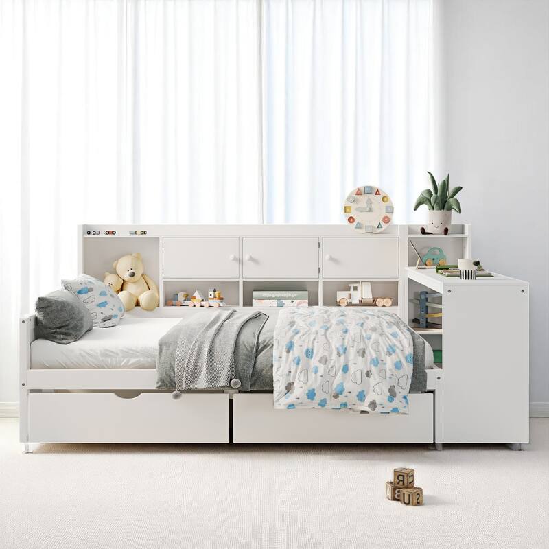 Space-Saving L-Shaped Daybed with Seven Storage Cabinets, Two Drawers, and Adjustable Study Desk