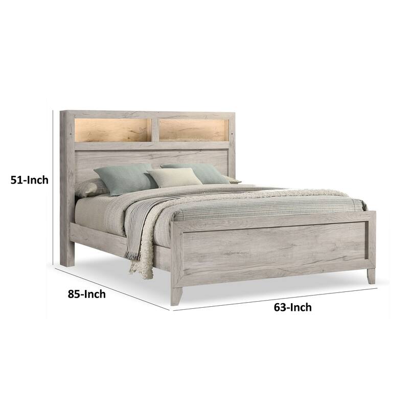 Miot Queen Size Bed w Headboard Shelves, Weathered White Wash Tone