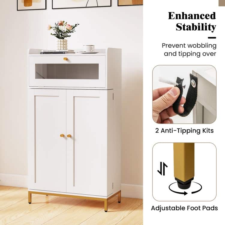 White-Gold MDF and Metal Kitchen Pantry Cabinet with LED Lights and USB Ports - 23.5" x 12" x 43.5"