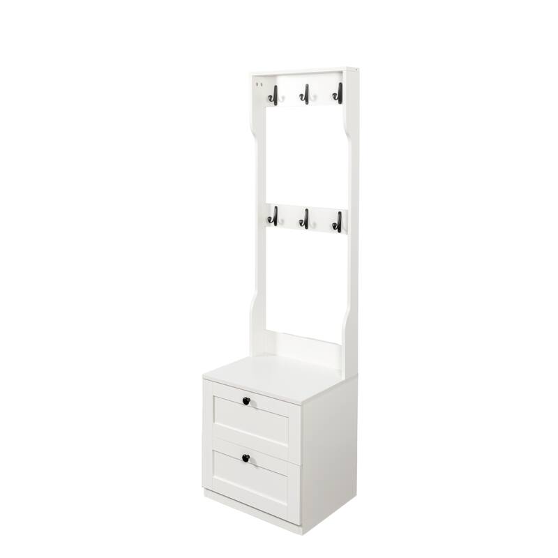2-in-1 Freestanding Wood Coat Rack with Drawer and Hooks