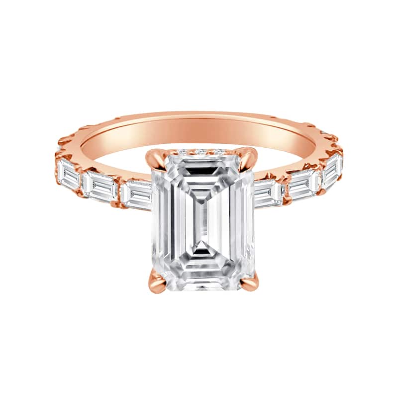 Auriya 14k Gold Lab Grown Emerald Cut Diamond Engagement Ring with Baguette Band 4.48 ct. tw. (F-G, VS) - 7.5 - Rose