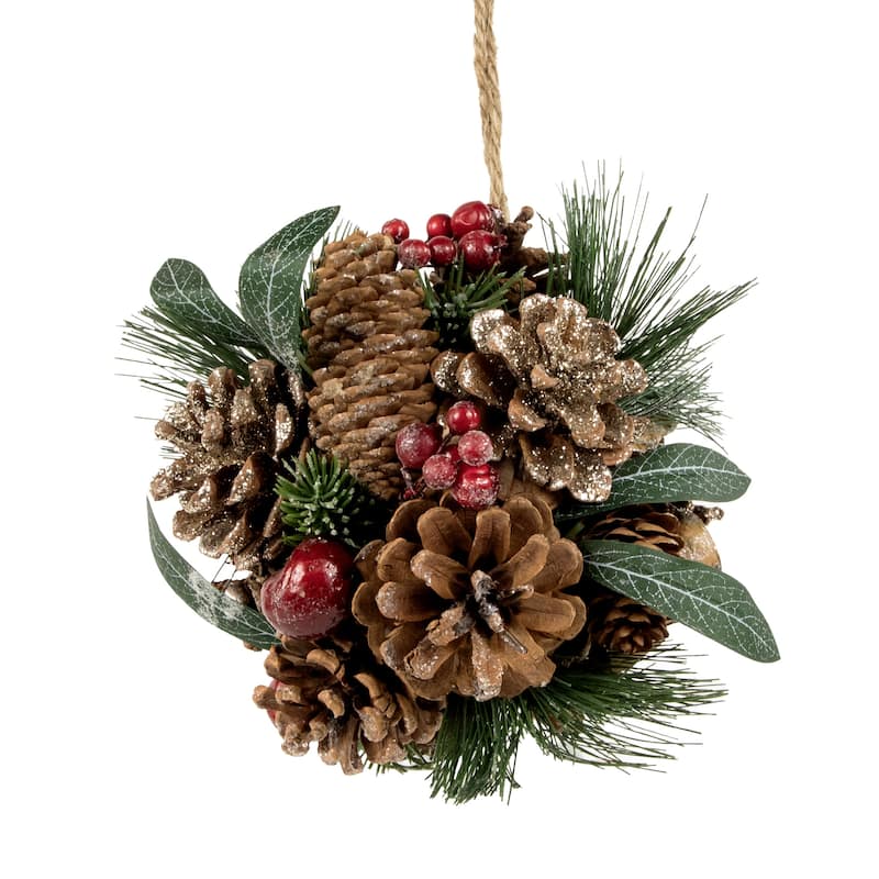 6" Green Mixed Foliage Pinecone and Berries Hanging Christmas Ball Ornament