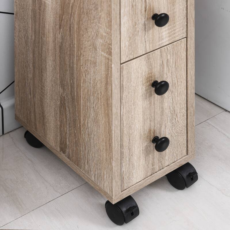 kleankin Freestanding Compact Design Bathroom Cabinet with 2 Open Cabinets, 1 Door Cabinet, 1 Drawer and 4 Rolling Wheels