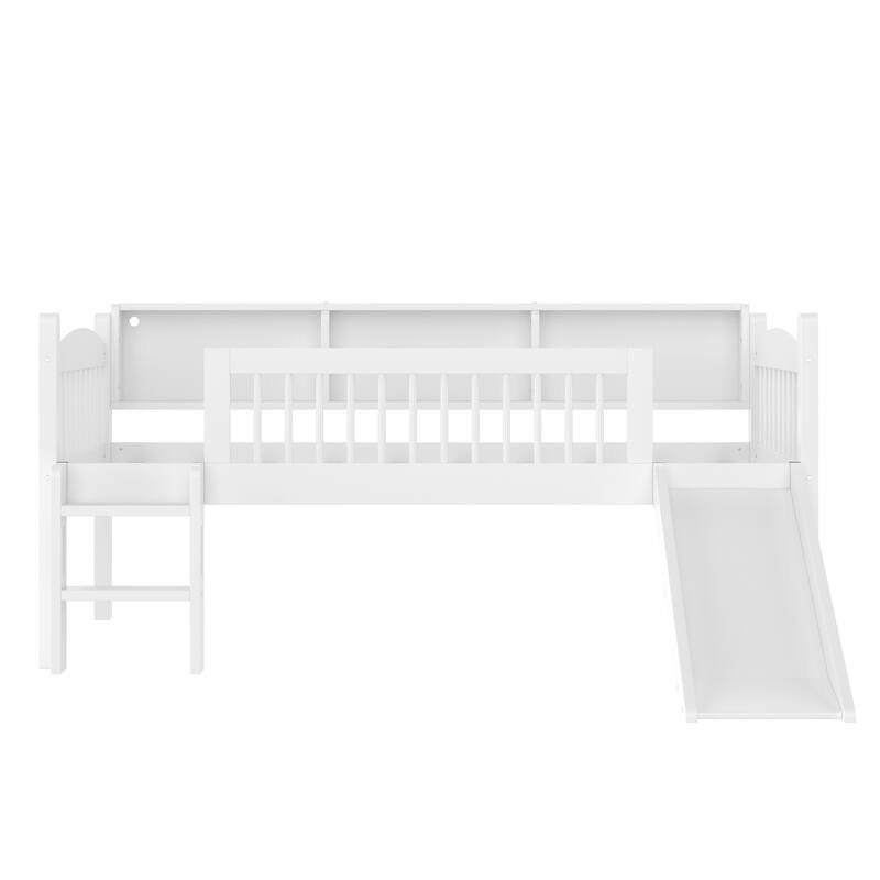 Twin XL Loft Bed with Storage Shelves, LED Lights & Guardrails