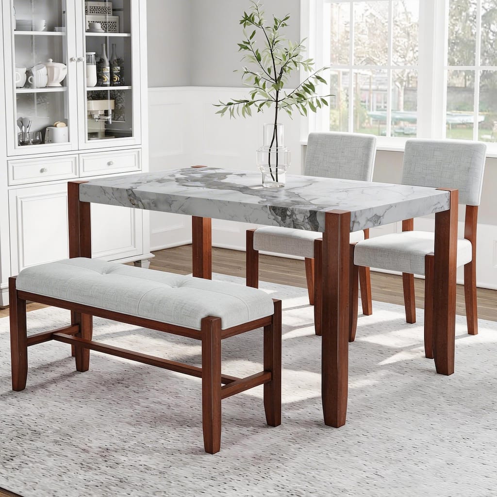 Roomfitters 4-Piece Dining Set, Marble-Look Table, 2 Upholstered Chairs, 1 Bench